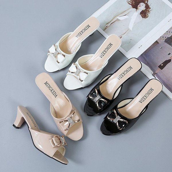slippers all-match stiletto high heels mid-heel, Black