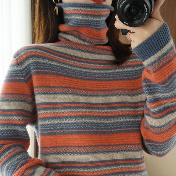 women's sweaters retro loose striped knit sweater piled high-necked female blouse base women winter clothes set, White;black
women's sweaters retro loose striped knit sweater piled high-necked female blouse base women winter clothes set, White;black