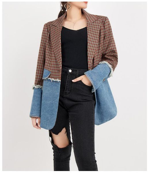 women's suits & blazers 2021 denim stitching jacket autumn trendy loose korean style fashion design sense, White;black
women's suits & blazers 2021 denim stitching jacket autumn trendy loose korean style fashion design sense, White;black