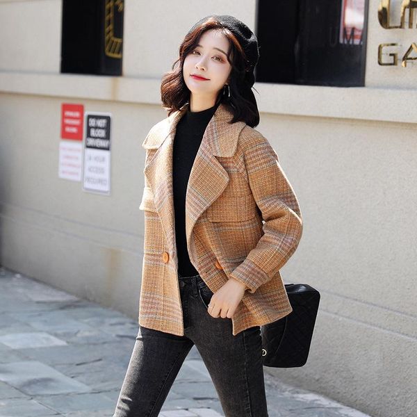 short plaid wool coat women's small 2021 spring and autumn imitation double faced cashmere women jackets, Black;brown
short plaid wool coat women's small 2021 spring and autumn imitation double faced cashmere women jackets, Black;brown