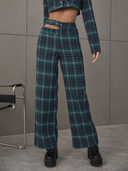 glamaker cut out waist tartan wide leg pants t73v#, Black;white