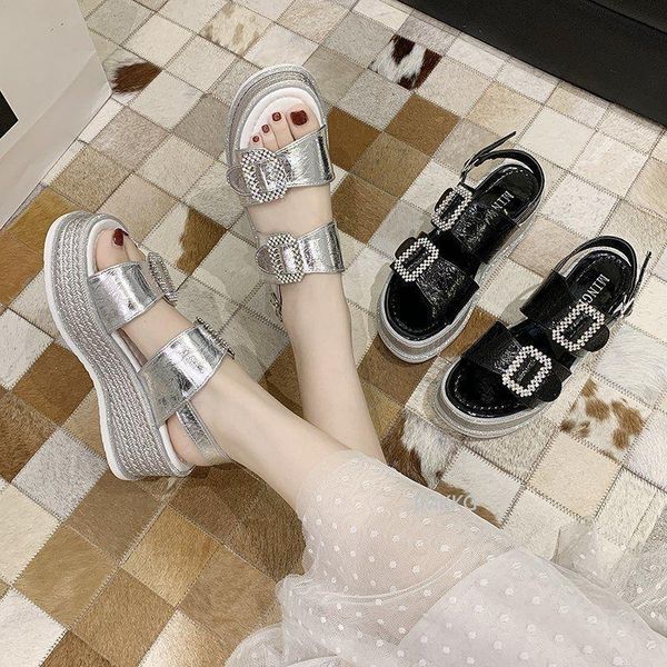 metal buckle women's sandals woman thick soled rhinestone platform shoes summer students casual wedge high heels, Black
metal buckle women's sandals woman thick soled rhinestone platform shoes summer students casual wedge high heels, Black