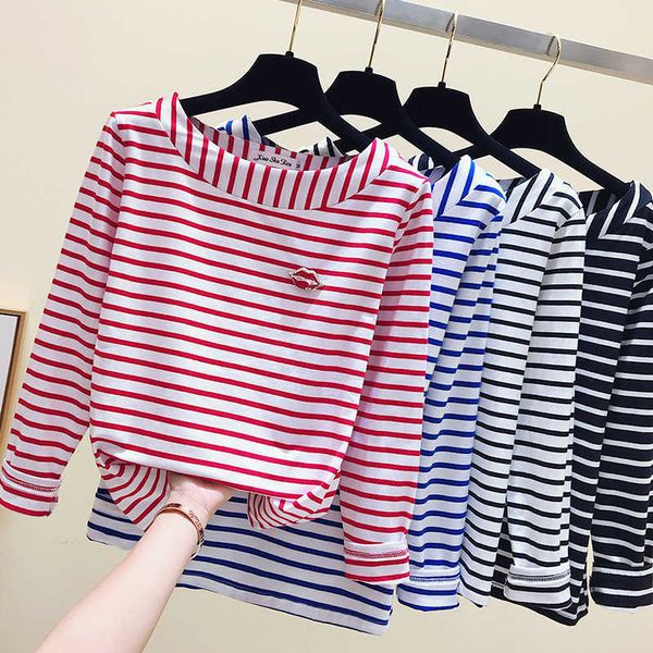 cotton t-shirt women autumn long sleeve o-neck female t shirt white striped casual basic classic lips poleras mujer 210604
cotton t-shirt women autumn long sleeve o-neck female t shirt white striped casual basic classic lips poleras mujer 210604
