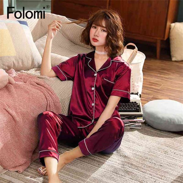 silk pajamas set for women two piece solid sleepwear short sleeves nightwear 210330, Black;red
silk pajamas set for women two piece solid sleepwear short sleeves nightwear 210330, Black;red