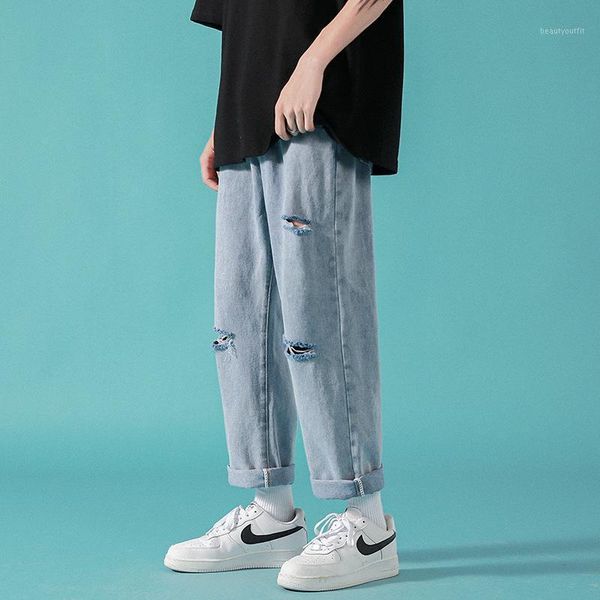 men's jeans ripped harajuku simplicity style loose straight all-match casual denim pants sudents comfortable trousers, Blue
men's jeans ripped harajuku simplicity style loose straight all-match casual denim pants sudents comfortable trousers, Blue