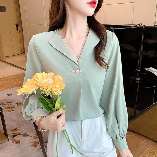 women's blouses & shirts blouse women autumn 2021 fashion full sleeve chiffon solid loose notched v-neck green blusas womens and, White
women's blouses & shirts blouse women autumn 2021 fashion full sleeve chiffon solid loose notched v-neck green blusas womens and, White