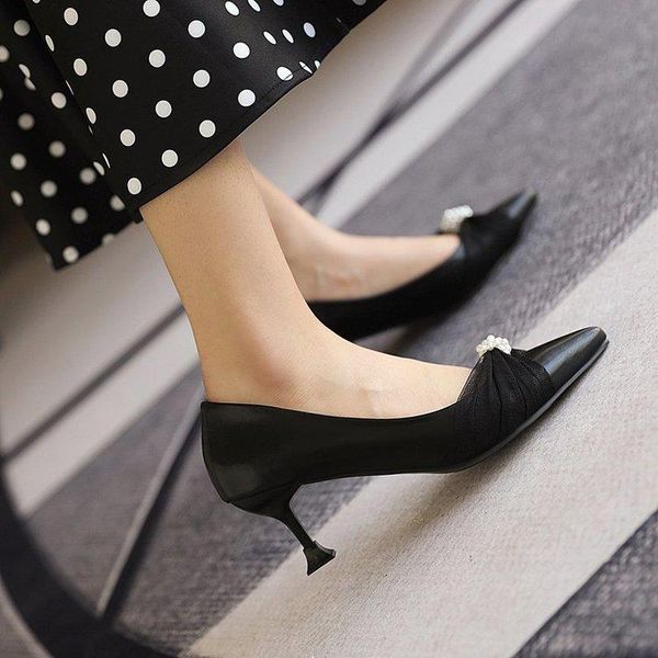 dress shoes niche design net yarn pearl high heels women stiletto all-match pointed shallow mouth, Black