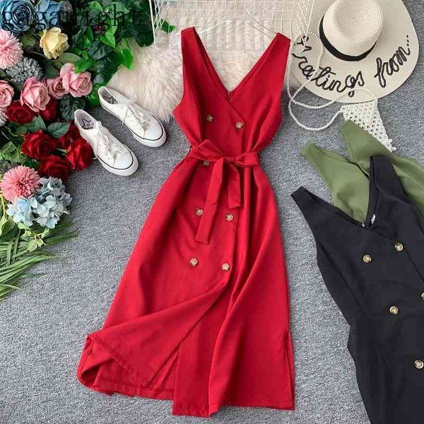 gaganight elegant solid women maxi dress sleevelss v neck slim office lady double breasted sash dresses female vestidos korean 210519, Black;gray
gaganight elegant solid women maxi dress sleevelss v neck slim office lady double breasted sash dresses female vestidos korean 210519, Black;gray