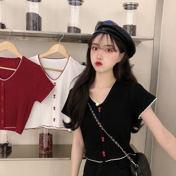 summer t-shirt female students slim and thin v-neck short-sleeved knit bottoming shirt net celebrity girl women's, White