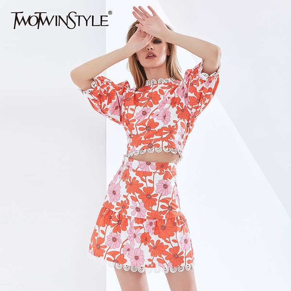 twotwinstyle lace print floral two piece set for women puff sleeve high waist skirts elegant sets womens clothing 210708, White
twotwinstyle lace print floral two piece set for women puff sleeve high waist skirts elegant sets womens clothing 210708, White