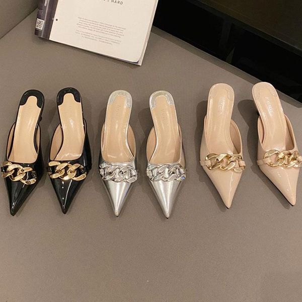 dress shoes black silver patent leather pumps women pointed toe big chain decoration high heels 5cm mules woman party slides
dress shoes black silver patent leather pumps women pointed toe big chain decoration high heels 5cm mules woman party slides