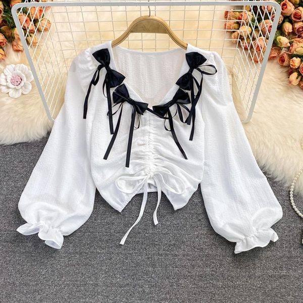 women's blouses & shirts korean fashion women blouse bows v-neck ruched streetwear spring autumn ladies crop clothing, White
women's blouses & shirts korean fashion women blouse bows v-neck ruched streetwear spring autumn ladies crop clothing, White