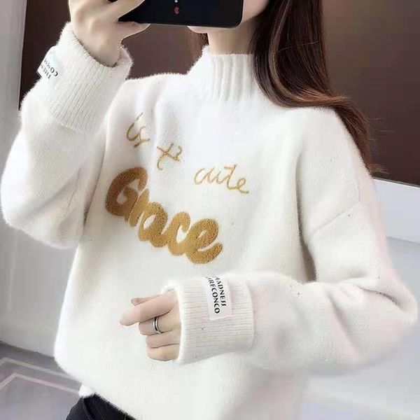 women's sweaters weihaobang 2021 spring autumn casual embroidery knitting sweater ladys turtleneck long sleeve slim knitted, White;black