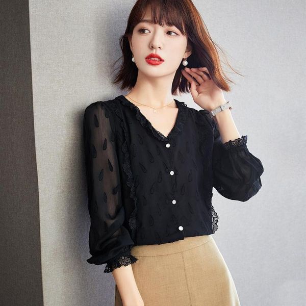 women's blouses & shirts autumn black v-neck chiffon shirt long sleeves lace gauze women formal office blouse, White
women's blouses & shirts autumn black v-neck chiffon shirt long sleeves lace gauze women formal office blouse, White