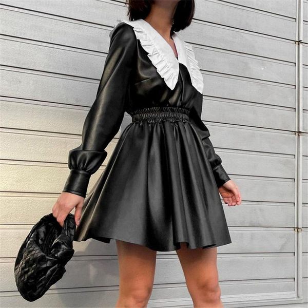 casual dresses preppy style punk street girl pu leather women's dress doll collar high waist long sleeve black mini for women clothes, Black;gray
casual dresses preppy style punk street girl pu leather women's dress doll collar high waist long sleeve black mini for women clothes, Black;gray