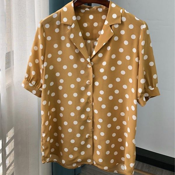 women 100% silk polka print shirt short sleeve notched simple office lady blouse with buttons women's blouses & shirts, White
women 100% silk polka print shirt short sleeve notched simple office lady blouse with buttons women's blouses & shirts, White