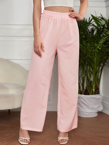gingham print wide leg pants u2cj#, Black;white