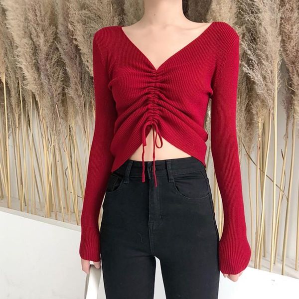 women fashion casual v-neck kintted pullover autunm lady solid drawstring wear long sleeve women's sweaters, White;black
women fashion casual v-neck kintted pullover autunm lady solid drawstring wear long sleeve women's sweaters, White;black