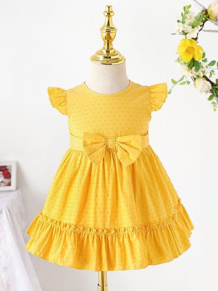 baby swiss dot bow front flutter sleeve ruffle hem dress she, Red;yellow