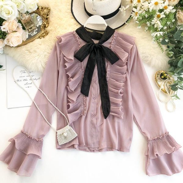 women's blouses & shirts autumn 2021 female hit color bow tie blouse ruffled trumpet sleeve shirt flared pleated ruffles women, White
women's blouses & shirts autumn 2021 female hit color bow tie blouse ruffled trumpet sleeve shirt flared pleated ruffles women, White