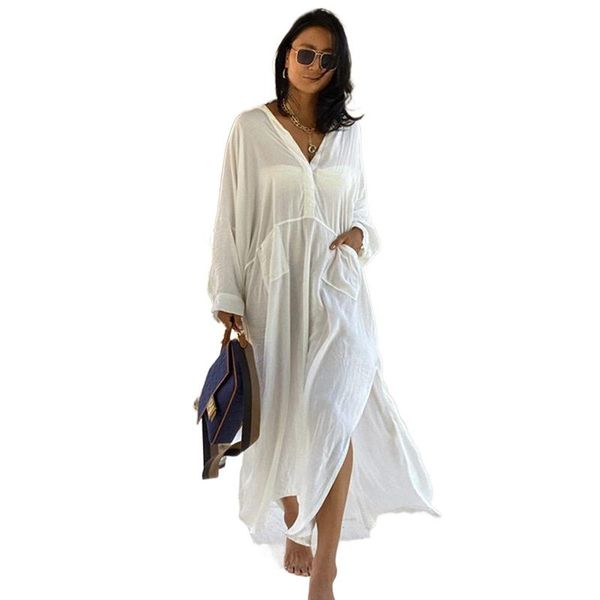 women's swimwear summer bikini coverups cotton loose pocket white long dress seaside vacation long-sleeved sunscreen swimsuit cover up, White;black
women's swimwear summer bikini coverups cotton loose pocket white long dress seaside vacation long-sleeved sunscreen swimsuit cover up, White;black