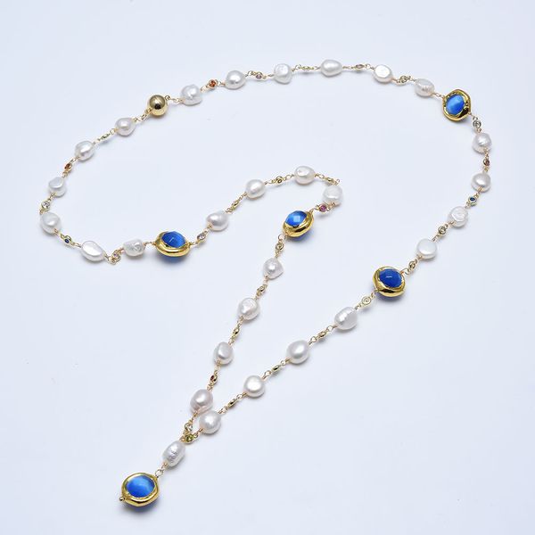 guaiguai jewelry natural white baroque pearl cz pave chain faceted round blue cat eye long sweater chain necklace handmade for women, Silver
guaiguai jewelry natural white baroque pearl cz pave chain faceted round blue cat eye long sweater chain necklace handmade for women, Silver