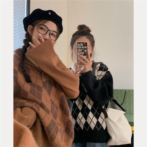 women's sweaters rhombus pullover autumn and winter korean style loose outer wear design sense high lazy coat, White;black
women's sweaters rhombus pullover autumn and winter korean style loose outer wear design sense high lazy coat, White;black