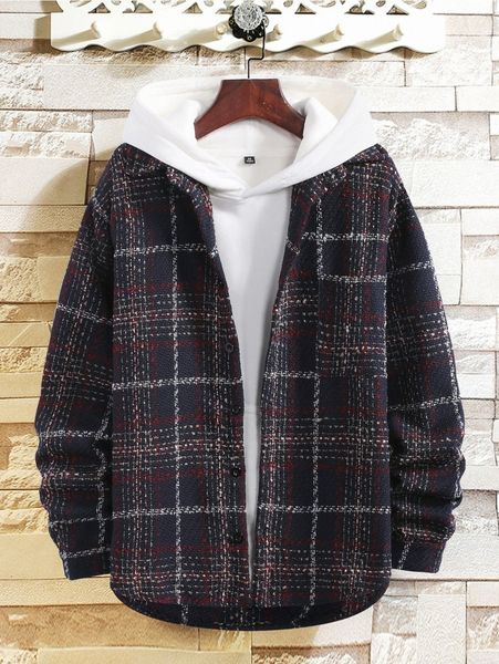 men plaid patched pocket drop shoulder overcoat without hoodie o7ax#, Black;brown
men plaid patched pocket drop shoulder overcoat without hoodie o7ax#, Black;brown
