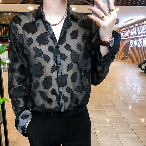 men's casual shirts hollowed out flower shirt, korean fashion long sleeved lace bed sheet, transparent, social designer, 2021, White;black
men's casual shirts hollowed out flower shirt, korean fashion long sleeved lace bed sheet, transparent, social designer, 2021, White;black