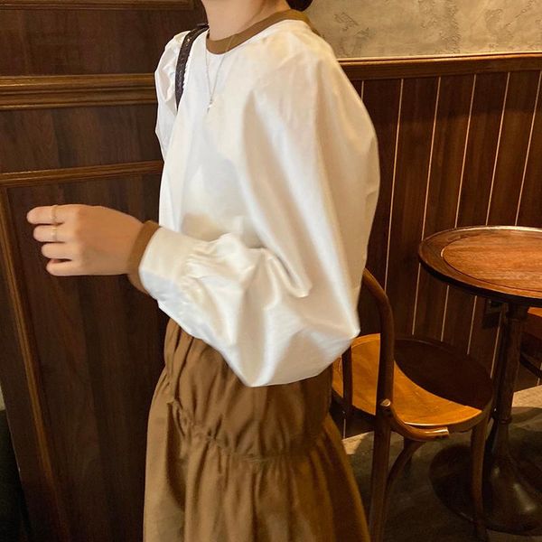 women's blouses & shirts o-neck blouse women puff long sleeve spring autumn loose korean vintage simple office lady casual elegant bow, White 
women's blouses & shirts o-neck blouse women puff long sleeve spring autumn loose korean vintage simple office lady casual elegant bow, White