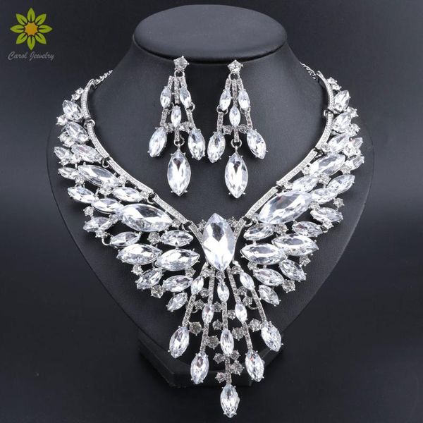 earrings & necklace crystal rhinestones set for bride wedding luxury african beads jewelry sets, Silver