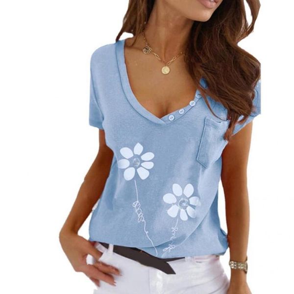women's t-shirt fashion short sleeve buttons pocket summer printed for party, White
women's t-shirt fashion short sleeve buttons pocket summer printed for party, White