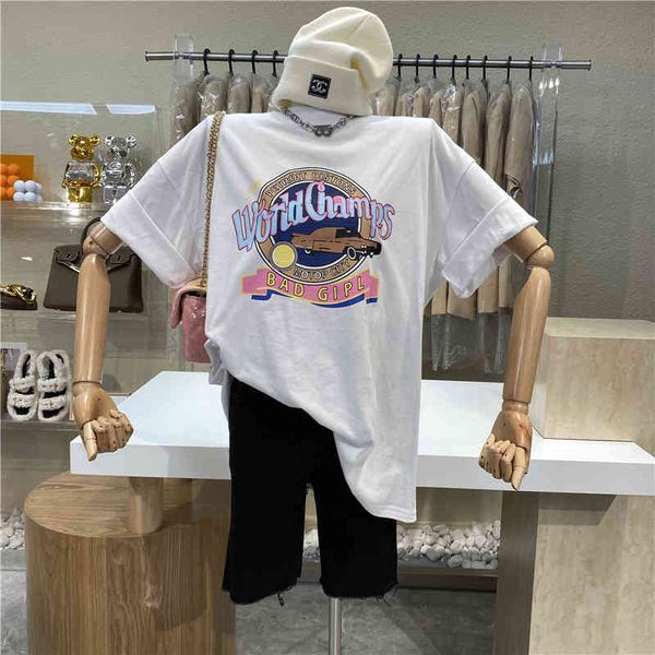 original niche design 2021 cute short sleeve t-shirt around the neck letter print average length top, White
original niche design 2021 cute short sleeve t-shirt around the neck letter print average length top, White