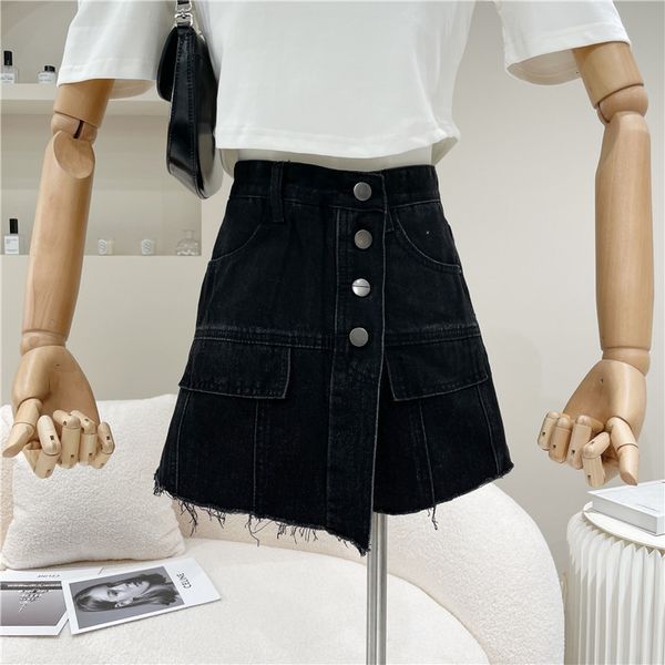 springtime female 2021 niche fashion design single high waist breasted jeans with blue burr shorts skirts, Black
springtime female 2021 niche fashion design single high waist breasted jeans with blue burr shorts skirts, Black
