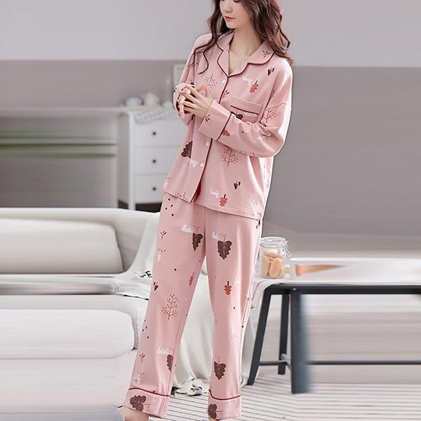 women's two piece pants autumn ladies pajamas set floral printed full cotton fresh style sleepwear women turn-down collar female casual, White 
women's two piece pants autumn ladies pajamas set floral printed full cotton fresh style sleepwear women turn-down collar female casual, White