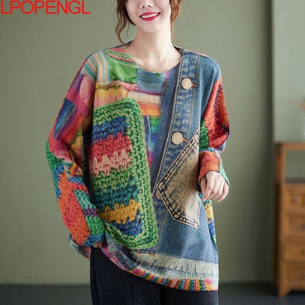 women's sweaters spring o-neck women sweater long sleeve loose-fitting print spliced vintage loose national wind pullovers female fashi, White;black
women's sweaters spring o-neck women sweater long sleeve loose-fitting print spliced vintage loose national wind pullovers female fashi, White;black