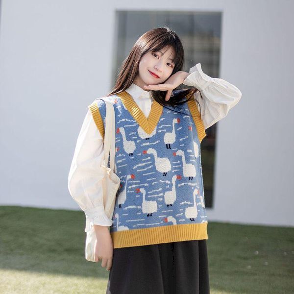 men's vests 2021 winter women sweater vest chic cartoon duck embroidery jacquard knitted sleeveless v-neck sweet sweaters girl pullover, Black;white
men's vests 2021 winter women sweater vest chic cartoon duck embroidery jacquard knitted sleeveless v-neck sweet sweaters girl pullover, Black;white