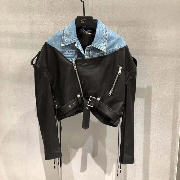 women's leather & faux short coat spring women brand genuine jacket spliced denim clothes with belt real sheepskin coats female, Black
women's leather & faux short coat spring women brand genuine jacket spliced denim clothes with belt real sheepskin coats female, Black