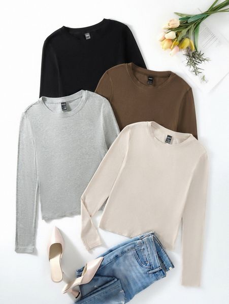 4pcs solid long sleeve tee p8la#, White