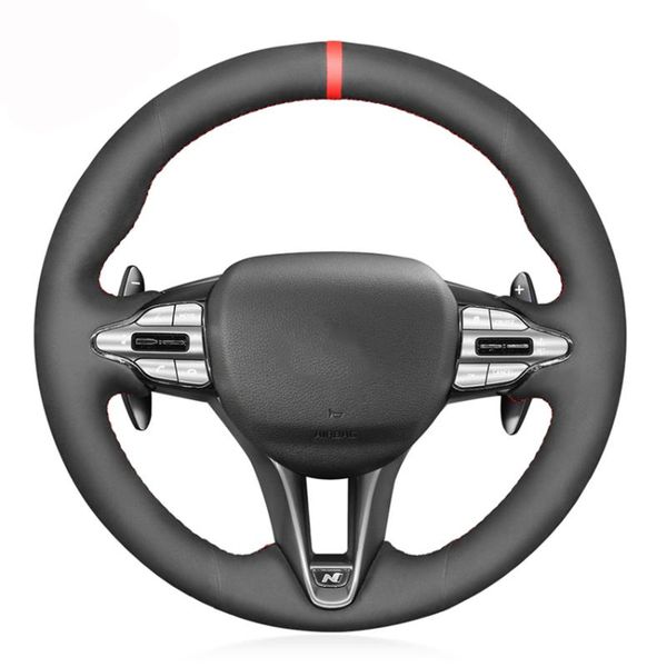steering wheel covers black suede red marker hand-stitched car cover for veloster n 2021 i30 
steering wheel covers black suede red marker hand-stitched car cover for veloster n 2021 i30