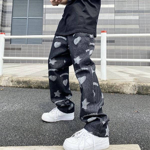 men's jeans love five stars pattern retro casual mens pants high street oversize spliced ripped straight couple denim trousers, Blue
men's jeans love five stars pattern retro casual mens pants high street oversize spliced ripped straight couple denim trousers, Blue