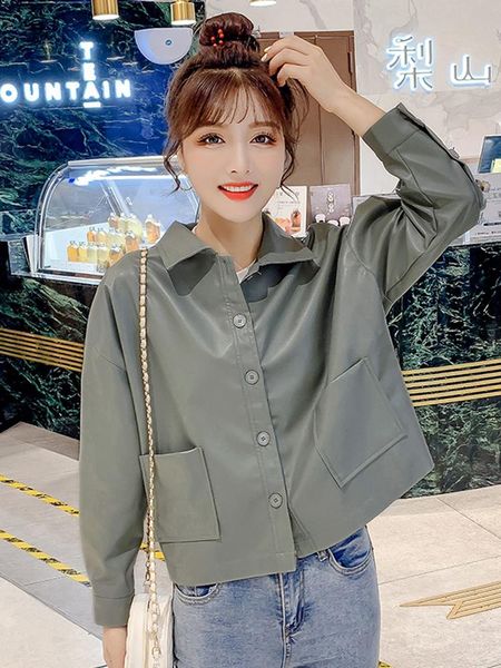 women's jackets 2021 korean style women pu leather loose casual wild fashion female pockets cropped basic coat buttons tide, Black;brown
women's jackets 2021 korean style women pu leather loose casual wild fashion female pockets cropped basic coat buttons tide, Black;brown