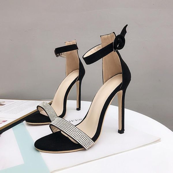 large size 35-40 fluffy rhinestone one word thin heel roman high heels sandals, Black 
large size 35-40 fluffy rhinestone one word thin heel roman high heels sandals, Black