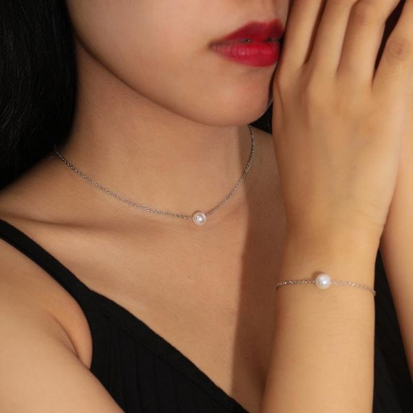 earrings & necklace simple imitation pearl pendant bracelet women thin chain choker birthday gift fahion jewelry set wholesale, Silver 
earrings & necklace simple imitation pearl pendant bracelet women thin chain choker birthday gift fahion jewelry set wholesale, Silver