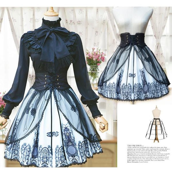 skirts fashion gothic lolita woman skirt elegant temperament lace-up splicing mesh lace vintage female, Black 
skirts fashion gothic lolita woman skirt elegant temperament lace-up splicing mesh lace vintage female, Black
