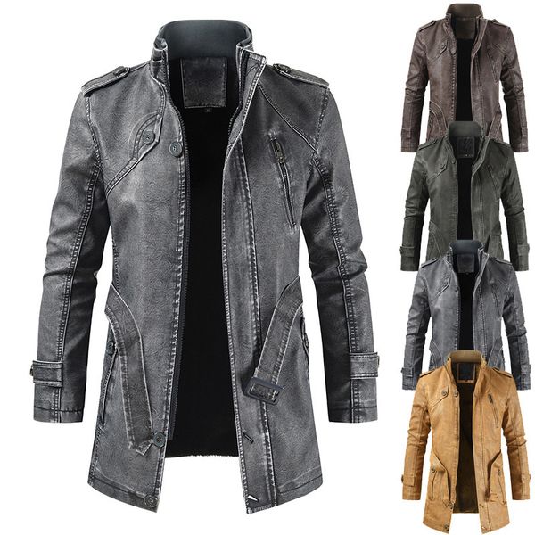 fashion leather trendy and hsome men's medium long casual with collar slim youth windbreaker, Black