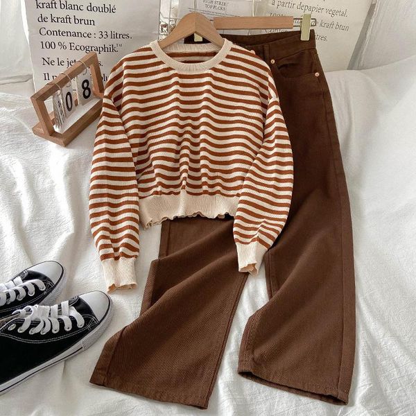 women's two piece pants style suit retro chic striped sweater 2021 early autumn fashion casual wide leg jeans two-piece rac, White
women's two piece pants style suit retro chic striped sweater 2021 early autumn fashion casual wide leg jeans two-piece rac, White