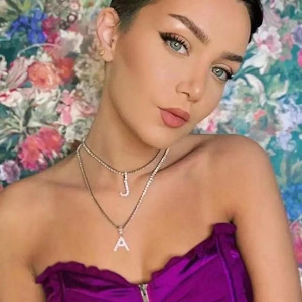 pendant necklaces fashion shining 26 letter necklace men's and women's hip hop tennis chain simple crystal collar, Silver 
pendant necklaces fashion shining 26 letter necklace men's and women's hip hop tennis chain simple crystal collar, Silver