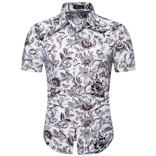 men's casual short-sleeved floral shirt shirts, White;black