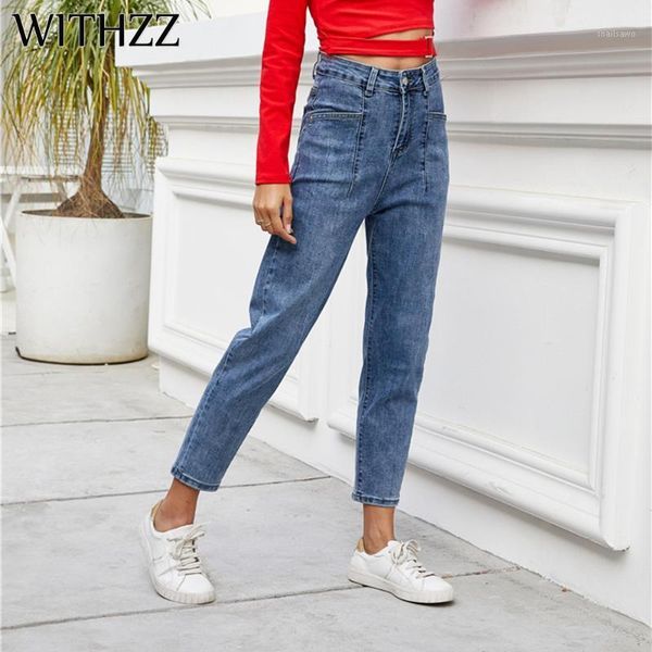 women's jeans withzz spring high waist denim pants fashion pocket inelastic, Blue